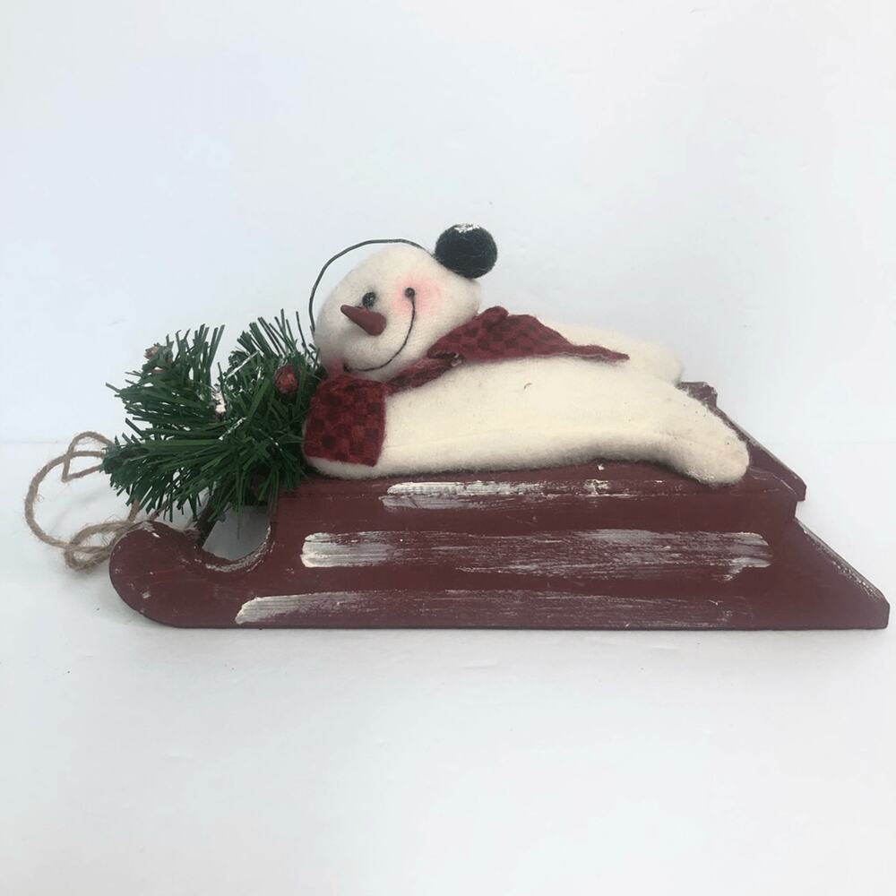 Primitive Snowman on Red Wooden Sled Christmas Decor Rustic Farmhouse Figurine